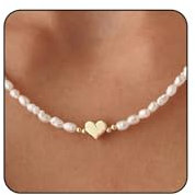 Irikdescia 14K Goldene Perlenkette Damen Mit Weißen Perlen Und Herz Anhänger, Halskette Aus Gold Für Damen, Weiße Perlenhalskette Lang, Damen Kette Schmuck