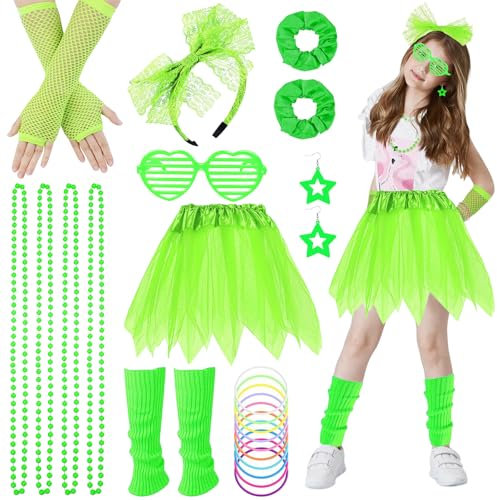 80s Fancy Dress for Women Girls, 90s Party Costume Accessories Set with TuTu Skirt Fishnet Gloves Leg Warmers Earrings Bracelet Necklace Glasses Headband Retro Outfit for Party Cosplay Dress up Day