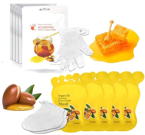 Foot Mask Hand Mask Honey and Almond Argan Oil Hydrating Moisturizing Skin Care 5 Pairs Gloves & 5 Pairs Socks Masks Intensive Peeling Repairing Masks 10 Packs for Women Dry Cracked Skin Elitzia