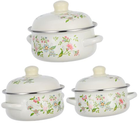 EXHUMKY Enamelware Cooking Pot Set Mini Stew Saucepan with Lid Vintage Floral Enamel Stovetop Pots Small Stockpot for Soup Simmering 3pcs Set (16-18-20cm