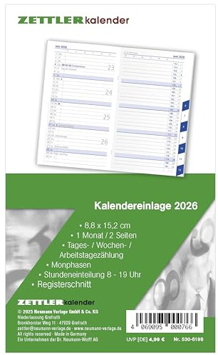 Zettler Calendar Replacement Insert TP 1M/2S Register Cut 2026 - Replacement Calendar 9 × 15 cm for Pocket Planner Type 530, 16 Sheets, 1 Month on 2 Pages, Hours Division 8 – 19 o'clock, FSC