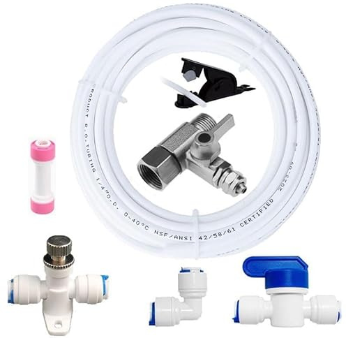 Universal Wasseranschluss-Set für Umkehrosmose-Systeme,Wasserfilter,Kühlgeräte,10M 1/4 AD Schlauch mit T-Stück-Adapter, Absperrventil, Ellbogen,Durchflussbegrenzer, Rückschlagventil,Schlauchcutter