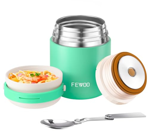 FEWOO Soup Flask, 400ml Vacuum Insulated Food Jar for Hot Cold Food, Leak Proof Soup Containers for Kids and Adults (Green)