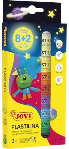 Jovi - Plastilina che si illumina al buio, confezione da 10 bastoncini da 15 grammi, colori assortiti 8 basici + 2 FOSFORESCENTI senza glutine (90/10G)
