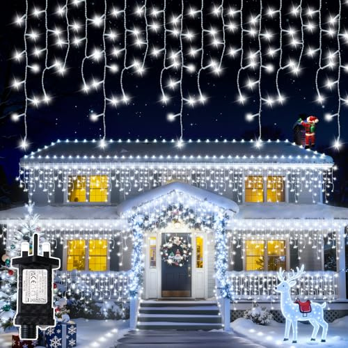 Icicle Outdoor Christmas Lights, IP65 400 LED 8 Modes with Memory, 6H Timer | 12.8+5M Cool White Fairy String Lights Mains Powered, Xmas Lights Waterproof Indoor & Outdoor for Roof, Window, Decorations