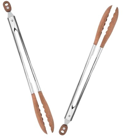 Zerodeko 2 piezas Pinzas de Cocina Inoxidable con Puntas de Madera de Nogal para Servir Ensaladas Hamburguesas y Platos Buffet Utensilios de Cocina Elegantes y Funcionales