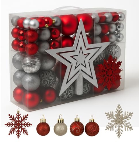 Trendi 106 Pcs Christmas Ball Ornaments Set with Tree Topper – Shatterproof Baubles for Christmas Tree Decorations, Holiday Ornament Set for Home, Party & Festive Décor (Red and Silver)