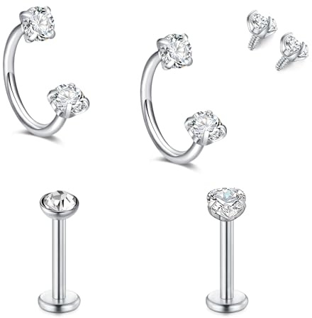 Crdifu 16G 8mm Septum Piercing Set Hufeisen Piercing Nase, 1,2mm Nasenpiercing Ring Innengewinde Nasenring Silber, 4 Stk Helix Piercing Hufeisen Rook Tragus Conch, Lippenpiercing Labret Lippe Stecker