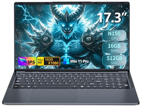 DIAKUOE 17,3 Pouces Ordinateur Portable, Win 11 PC Portable 16Go RAM DDR4 512Go SSD, CPU Twin Lake-N150, Clavier Rétro-éclairé Laptop 1980 * 1080P Écran, Mini-HDMI+USB3.0+BT4.2+Webcam+6000mAh Battery