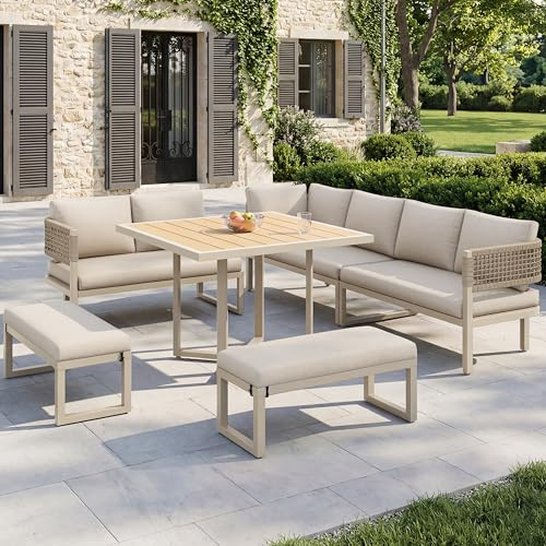 Merax Gartenlounge Set für 8-10 Personen, Gartenmöbel Set mit Gartensofa und Großem Esstisch, Loungemöbel Outdoor mit Seilgeflecht, Tisch mit Holzoptik, Verstellbare Füße für Terrasse & Garten