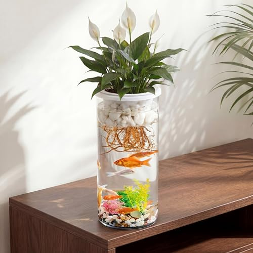 Thenshop Maceta acuapónica de plástico de 1.87 galones y cuenco Betta para acuarios, pecera pequeña con base y parte superior, promueve un ambiente hidropónico saludable para las plantas (cilindro
