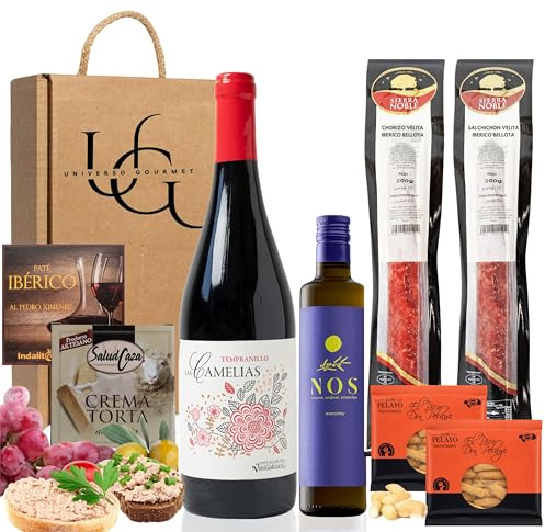 UNIVERSO GOURMET | Cesta Gourmet para Regalar | Vino Tinto | Aceite Oliva Virgen Extra Arbequina | Chorizo y Salchichón Ibérico Bellota | Paté Ibérico y Crema de Queso de Oveja | Picos | Cesta Regalo
