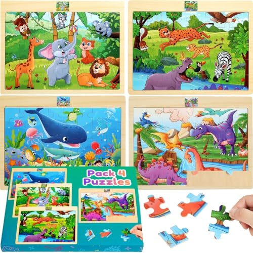 Pack 4 Puzzle Legno per bambini 3-8 anni, Animali e Dinosauri