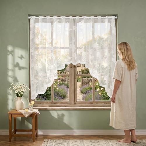 MIPIACE 2 Piezas Mariposas Cortina Corta para Ventana 150x100 cm Visillos Cortos Cortina Ventana Pequeña Visillo de Bistró Semi-Sombreado Visillo Cocina con Delicados para Cocina Bistró Ventanas Baño