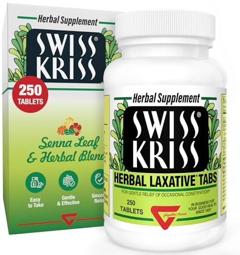 Swiss Kriss Herbal Laxative Tablets, Gentle & Natural Laxatives for Constipation Relief for Adults & Children Over Age 6, Works in 6-12 Hours, Senna Laxative, 250 Tablets Total