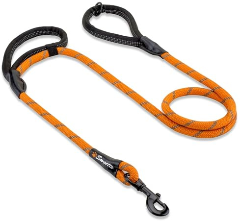 Sweetie Guinzaglio Cane Corda Nylon 1,5 m – Anti Tiro, Doppio Manico Bungee, Regolabile – Guinzaglio in Corda per Cani Grandi e Piccoli – Moschettone 360° – 10 Colori - Arancione
