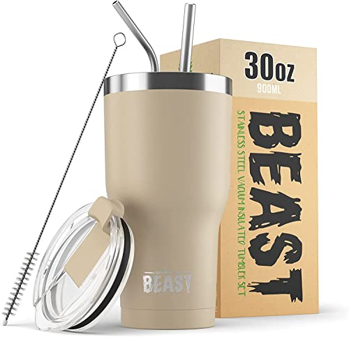 Beast Tumbler - 900 ml (30 oz), Beige Sand | Reusable Stainless Steel, Vacuum Insulated Cup | with + 2 Straws & Cleaning Brush | Double Wall Travel Flask Perfect for Hot or Iced Coffee | BPA Free