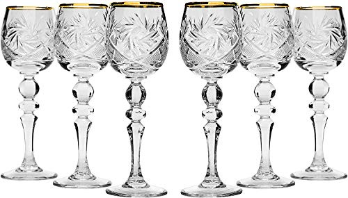 World Gifts Set of 6 Russian Cut Crystal Stemmed Shot Glasses 2 oz - USSR Soviet 24K Gold Rimmed Sherry Cordial Glassware