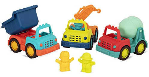B. Toys BX2025Z B.Toys Happy Cruisers byggfordon uppsättning av 3 med tipplaster, betongblandare, kranbilar, 3 figurer, lämpliga för småbarn från 12 månader – 45534, flera färger
