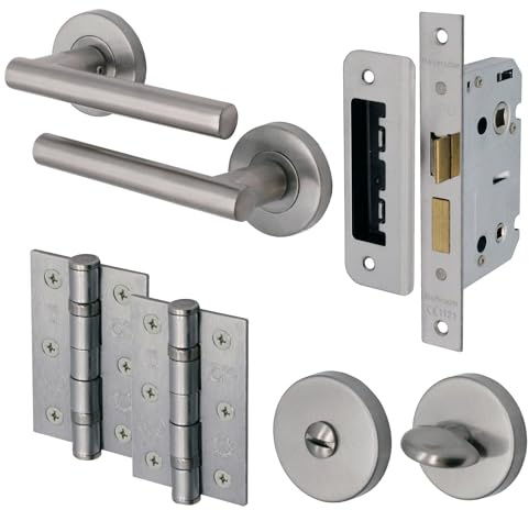 EAI Olbia Bathroom Door Handle Kit – 80mm Lock & 102mm Hinges - Satin Nickel