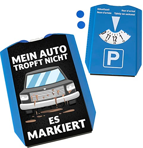 Auto tropft Nicht - es markiert Parkscheibe in grau mit 2 Einkaufswagenchips Witzige Parkuhr für Schrottkarren kaputte Autos die Öl verlieren lustiger Spruch Rost alt Ölflecken
