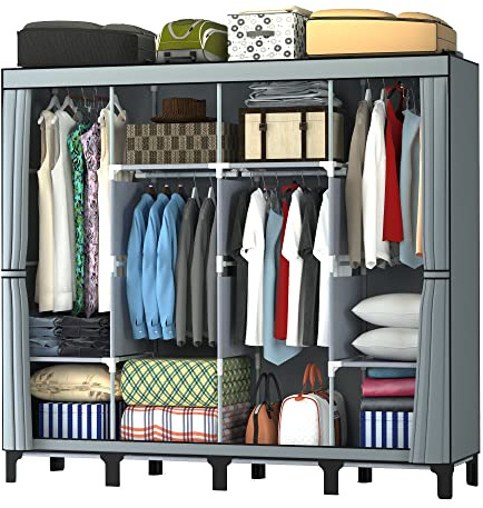 LOEFME Canvas Wardrobe, Four-column Portable Wardrobes for Bedroom, 165 * 45 * 175 cm New Base Design Fabric Wardrobe, 16mm Steel Tube Storage Space Foldable wardrobe (Grey-4)