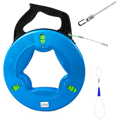 TAZZOR Aiguille Électricien 30M Polyester Fil de Traction de 4mm - Avec Coque et Poignée en Plastique - Aiguille Tire-Fil pour Câble Électrique, Fibre Optique Spiralé Flexible Aiguille 30m