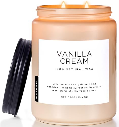 M&SENSE Doftljus med vanilla i glas, stor 2 vickglas ljus vanilj 550 g 110 timmars brinntid naturligt organiskt sojavax, avkopplande aromaterapi doftljus gåva för kvinnor och män