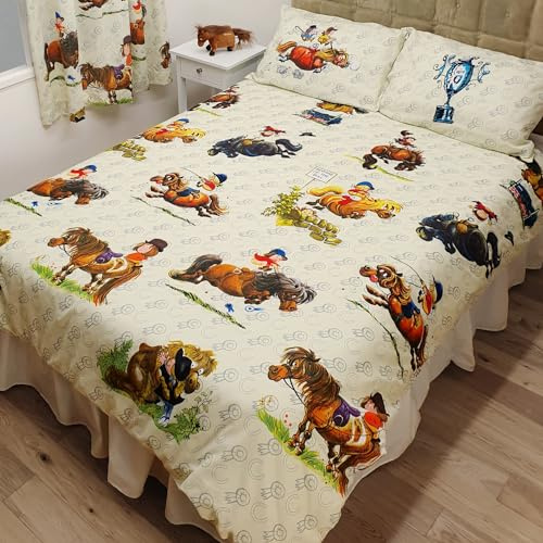 Thelwell King Size Bed Antics Duvet Cover Bedding Set, Cartoon Horses Pony Rider Ribbon Medal Trophy, Cream Beige Brown