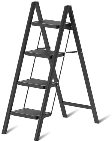 EOXCIIU 4 Step Ladder, Folding 4 Step Ladder Lightweight, Wide Steps, Portable and Load Capacity-150kg, Step Distance-24cm, Iron, Black