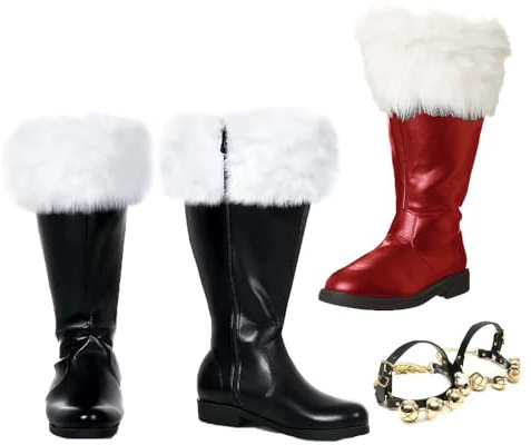 YUMALI Stivali Da Babbo Natale Cosplay Con 1 Paio Di Campanelle in Metallo Scarpe Medievali in Peluche Con Punta in Finta Pelle E Stivali Da Neve per Natale (Black,44)