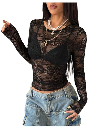 Verdusa Women's Floral Lace Tops Sheer Long Sleeve T Shirts Slim Fitted Date Night Tops Black Large