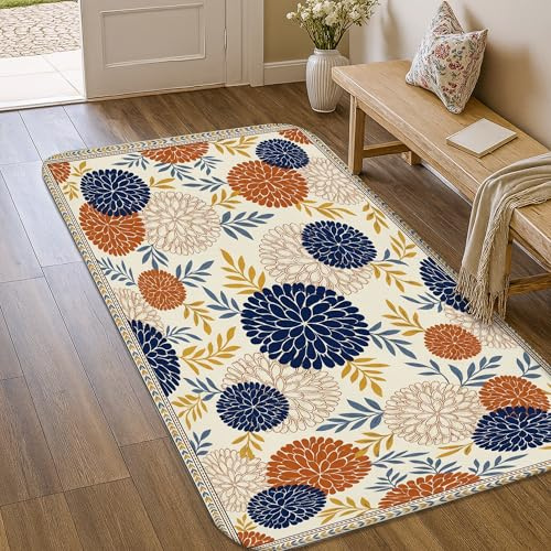 Alfombra de área de crisantemo, diseño de hojas bohemias de otoño, color azul marino, de pelo bajo, alfombra de esponja resistente a la decoloración, para baño, entrada, mesita de noche, lavandería