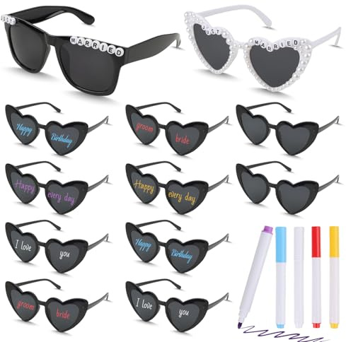 Bztzhm 12 Herz Sonnenbrille Set mit 5 Farbstifte, DIY Herzbrille, Sonnenbrille Hochzeit, JGA Herzform Partybrille, Vintage Herzförmige Brille für Junggesellenabschied Party Hochzeit Karneval