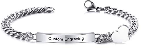 MeMeDIY Personalisierte Armband Gravur Name/Datum/ID Benutzerdefinierte Armbänder für Frauen Mädchen Männer Edelstahl Manschettenknopf Armreif mit Herz Jubiläum Beste Freunde Geschenke Schmuck