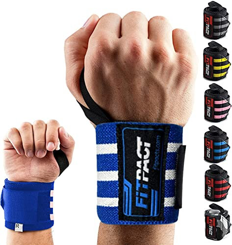 FITPACT Weight Lifting Wrist Wraps Support (PAIR), Elasticated Professional 18” Cotton Straps with Thumb Loop, Powerlifting Bodybuilding Fitness Strength Gym Training Workout Gymnastics Calisthenics