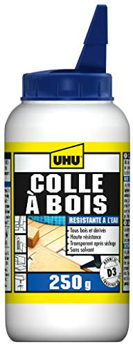 UHU Colle à bois waterproof - Plus forte que le bois, résiste à l'eau, l'intérieur et l'extérieur, D3, sans solvants, embout de précision, transparente, biberon 250g