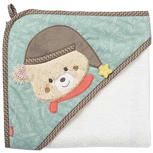 Fehn Kapuzenbadetuch Bär – Bade-Poncho aus Frottee mit Kapuze und niedlichem Bären Motiv – saugstark & kuschelweich – für Babys und Kleinkinder ab 0+ Monaten