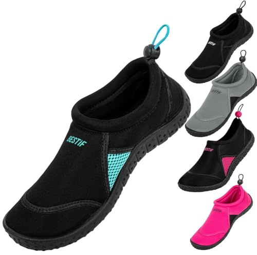 BESTIF Badeschuhe Herren Damen | Schwimmschuhe Neopren Wasserschuhe Kordelzug | Leicht und Bequem | Gr. 36-45 (Schwarz-Türkis, 39)