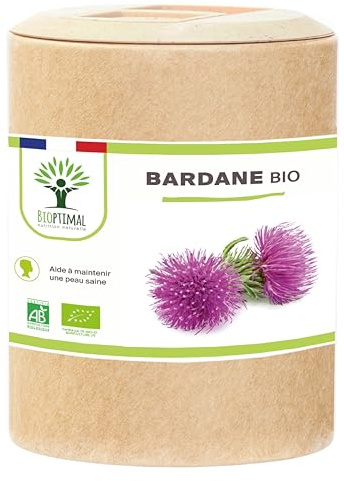 Bardane Bio - Bioptimal - Complément Alimentaire - Contre la Peau Grasse, Anti-Acné, Détoxifiante - 100% Racine de Bardane Pure - 300 mg/gélule - Fabriqué en France - Certifié Ecocert - 200 gélules