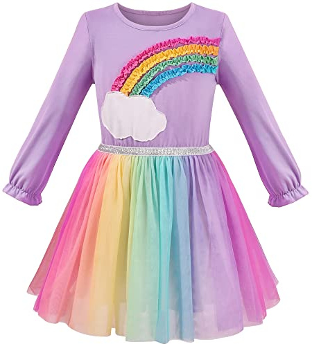 Sunny Fashion Girls Dress Tulle Skirt Rainbow Color 3D Ruffle Long Sleeve Age 4 Years