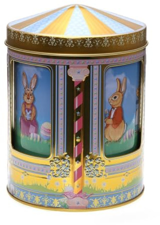 POWERHAUS24 klassische zylinderförmige Blechdose mit Spieluhr, Geschenk zu Ostern, Aufbewahrung, Deko, lebensmittelecht, ca. 12 cm x 14,5 cm, 2 Rezepte inklusive