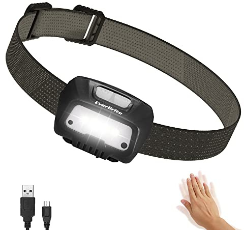 EverBrite Lampada Frontale LED Ricaricabile USB, Torcia Frontale 350 Lumen, 4 Modalità di Luce, Sensore di Movimento, Lampade da Testa con Angoli Regolabili a 45° per Campeggio, Corsa, Pesca (Nero)