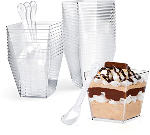 CoKeeSun 30 Pcs Dessert Cups 200ml/7oz Square, Reusable Dessert Cups Set, Desserts Pots for Pudding Mousse Ice Cream Cheesecake