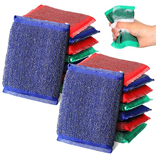 Roshtia Steel Wool Scrub Sponges for Kitchen, 16 Pack Non-Scratch Dish Sponges Multipurpose Cleaning Scrubbers for Dishes, Pots, Pans and Hard Stains, Color Random