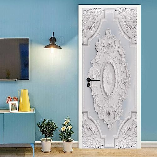 A.Monamour Türtapete Selbstklebend Türfolie Türposter 3D Luxuriöses Weißes Wanddesign Mit Blumen Reliefleisten Vinyl Folie Türdeko Tapete Wandbild Türaufkleber Türtattoo 77x200cm