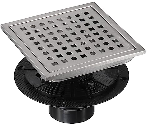 sourcing map 6 Inch Square Shower Floor Drain, 304 Stainless Steel Floor Drain with Flange for Bathrooms, Kitchens, Garages, Showers Sinks, Quadrato Pattern Grate Removable, Silver