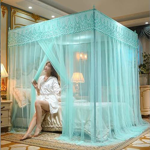 AdeptT Bettrahmen aus Edelstahl, 4 Eckpfosten, Baldachin mit Moskitonetz, Bettrahmen, volle Größe für Schlafzimmer, Dekoration, Grün, Queen-Size-Größe