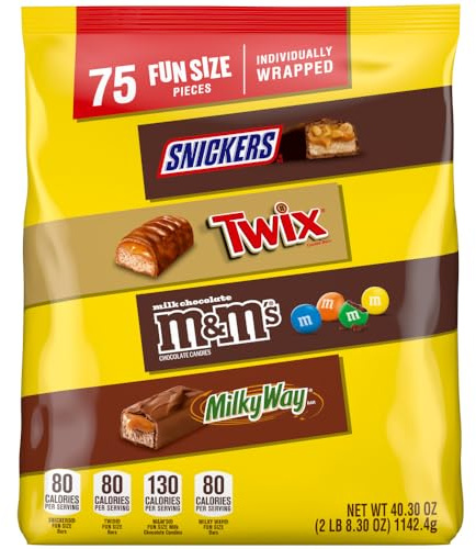 Mars Snickers, M&M'S Milk Chocolate, Milky Way & Twix Fun Size Chocolate Candy Variety Pack, 75 Ct Bulk Bag (2.73 Pounds)