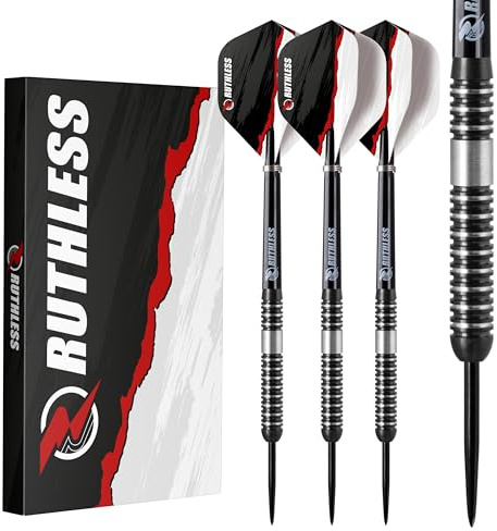RUTHLESS Night Hawk Professionelles Dart-Set aus Wolfram mit Stahlspitze, 23 g und 25 g, mit Flights und Schäften